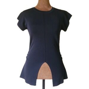 NWT INA Knit Top Black Size L Stretchy Modern Slit Front Minimalist Short Sleeve